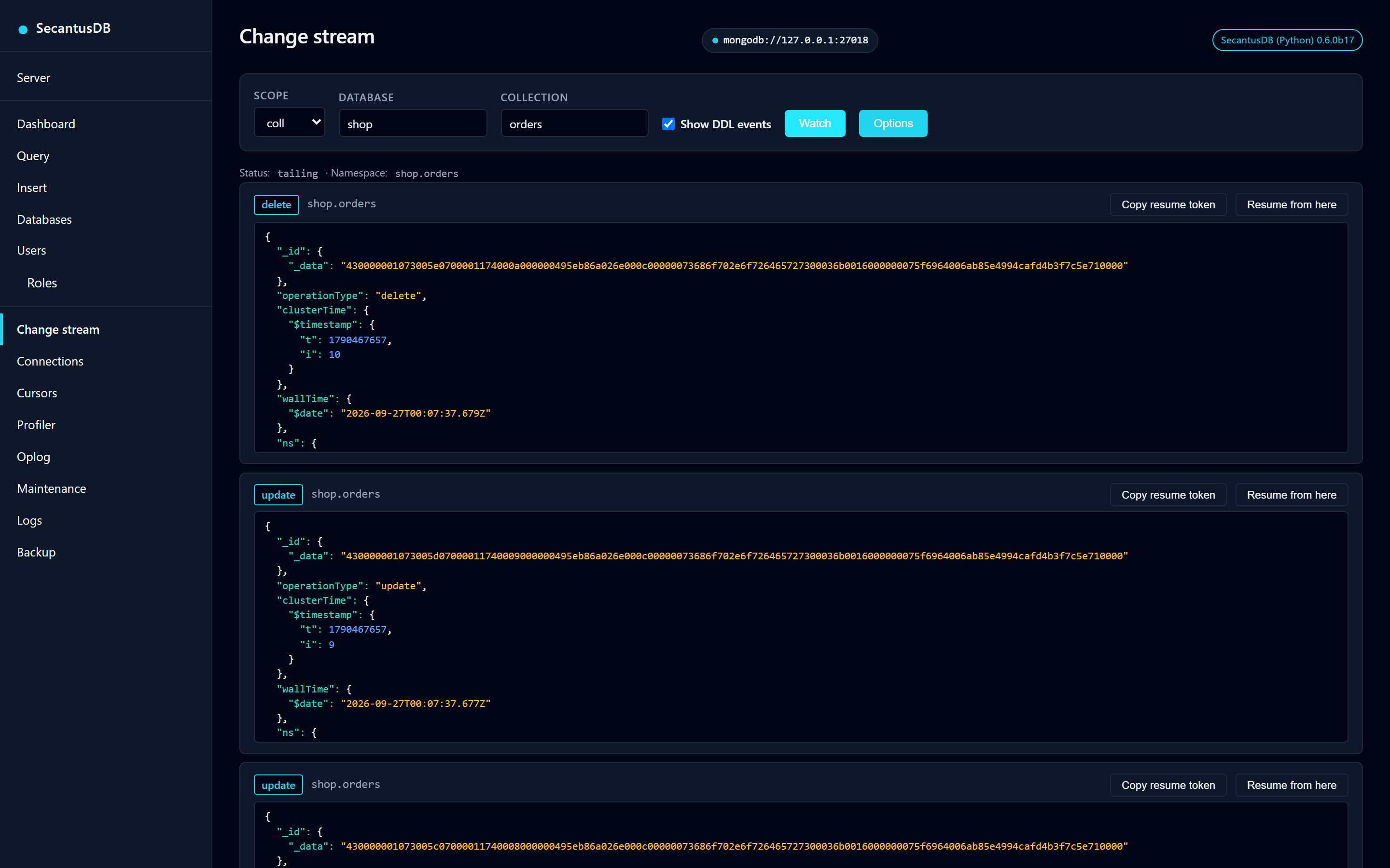 The admin change-stream tail showing live insert, update and delete events.