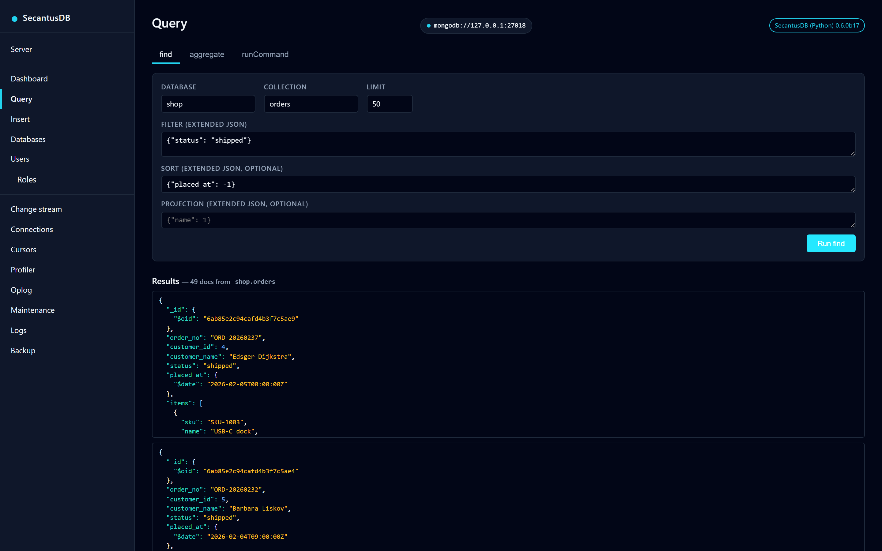 The admin Query page running a find, with results below the form.